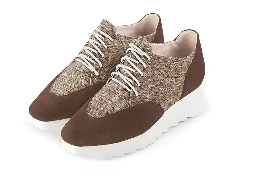 Chocolate brown and tan beige women's casual lace-up shoes. Square toe. Low rubber soles. Front view - Florence KOOIJMAN